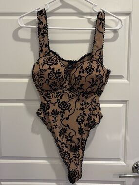 Windsor Flocked Mesh Bodysuit Nude Black Floral Corset L